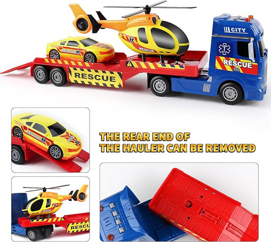 Dwi Dowellin Tow Truck Toy for Kids,25.6" Semi Truck Toy with Racing Car and Helicopter, Semi-Trailer with Lights & Sounds,Birthday Gift for 2 3 4 5 Years Old Boys and Girls