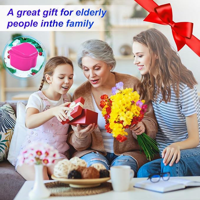 2 Pack Colors Denture Bath Case Cup Retainer Cleaner Holder Case False Teeth Soaking Container Dental Bath Storage Box Case with Strainer Basket and Brush - Rose Red & Black