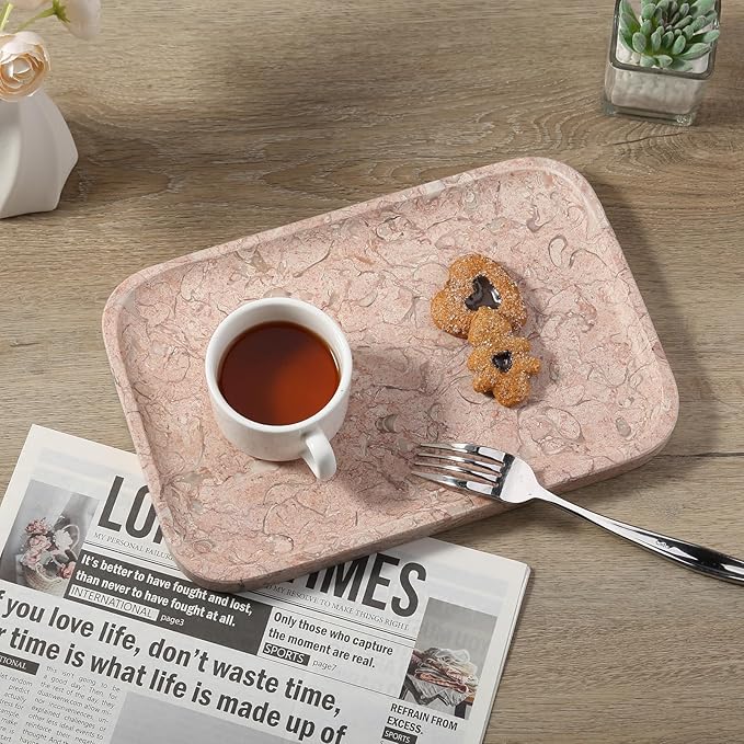 Koville Marble Tray, 12"x8" Natural Marble Vanity Tray for Countertop Bathroom Kitchen Dresser, Decorative Catchall Trays for Perfume Jewelry, Rectangular Stone Serving Tray(Pink)
