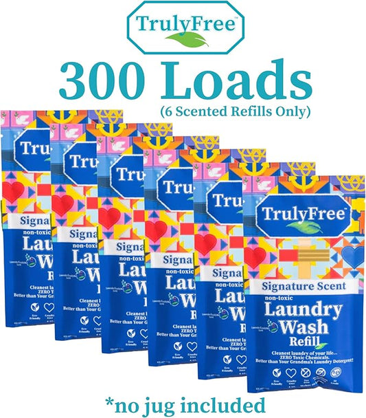 Truly Free Natural Laundry Detergent for Sensitive Skin | Eco Friendly, Plant Based, Baby Clothes Safe | Clean & Easy Powder to Liquid, 6 Pack Refill Detergent, NO Jug | Signature Scent, 300 Loads