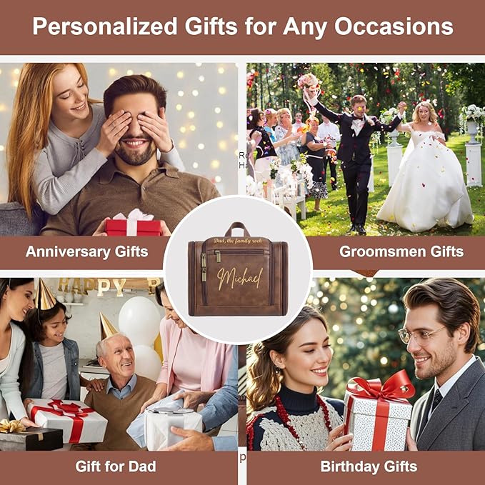 Personalized Toiletry Bag For Men, Large Capacity Travel Doop Kit, Vintage Color PU Leather, Custom Name Initials, Gifts for Dad, Husband, Boyfriend, Groomsmen, Birthday (Style 4)