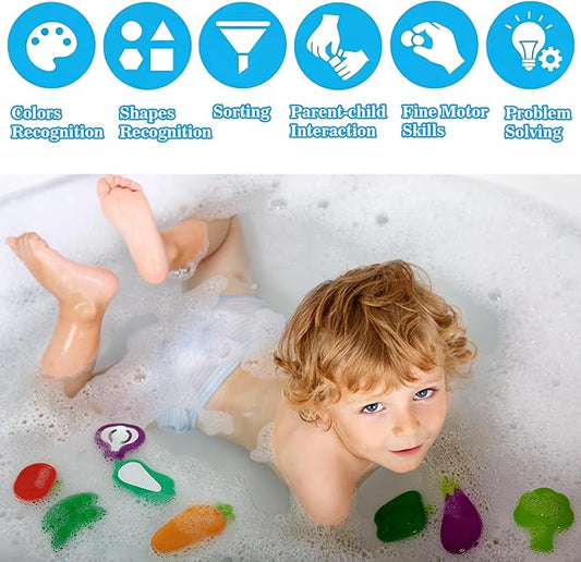 Silicone Bath Toys, No Hole Vegetable Bathtub Toys, Mold-Free Soft Bath Toys for Toddlers, Easy Clean Early Learning Sorting Toy, Floating Tub Toys for Kids - Birthday Gift for Boys Girls