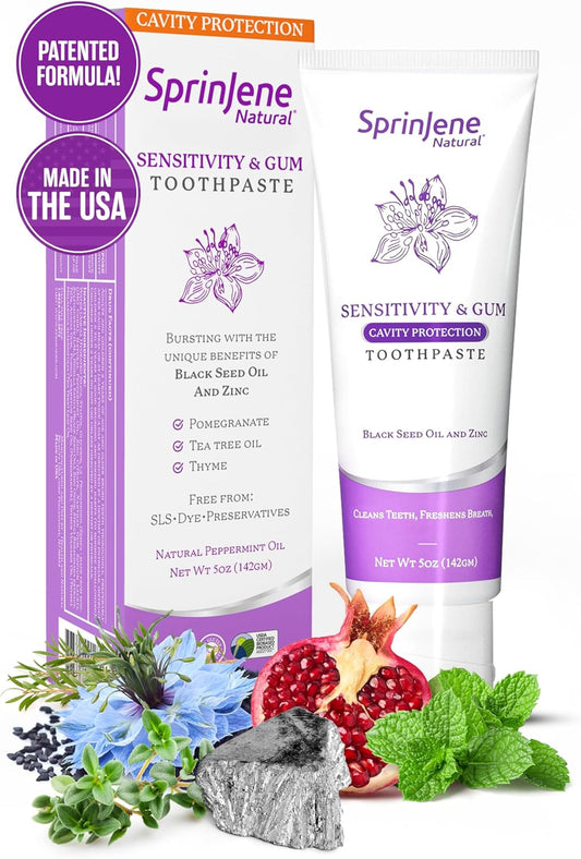 SprinJene Natural Sensitivity & Gum, Fluoride Toothpaste for Sensitive Teeth (1 Pack) + Fluoride Free & Alcohol Free Mouthwash
