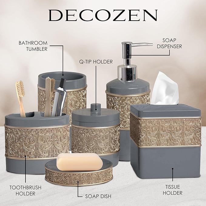 6-Piece Bathroom Accessories Set – Soap Dispenser, Toothbrush Holder, Tumbler, Soap Dish, Cotton Swab Jar & Toilet Brush – Modern Bathroom Decor Set (Gold Grey)