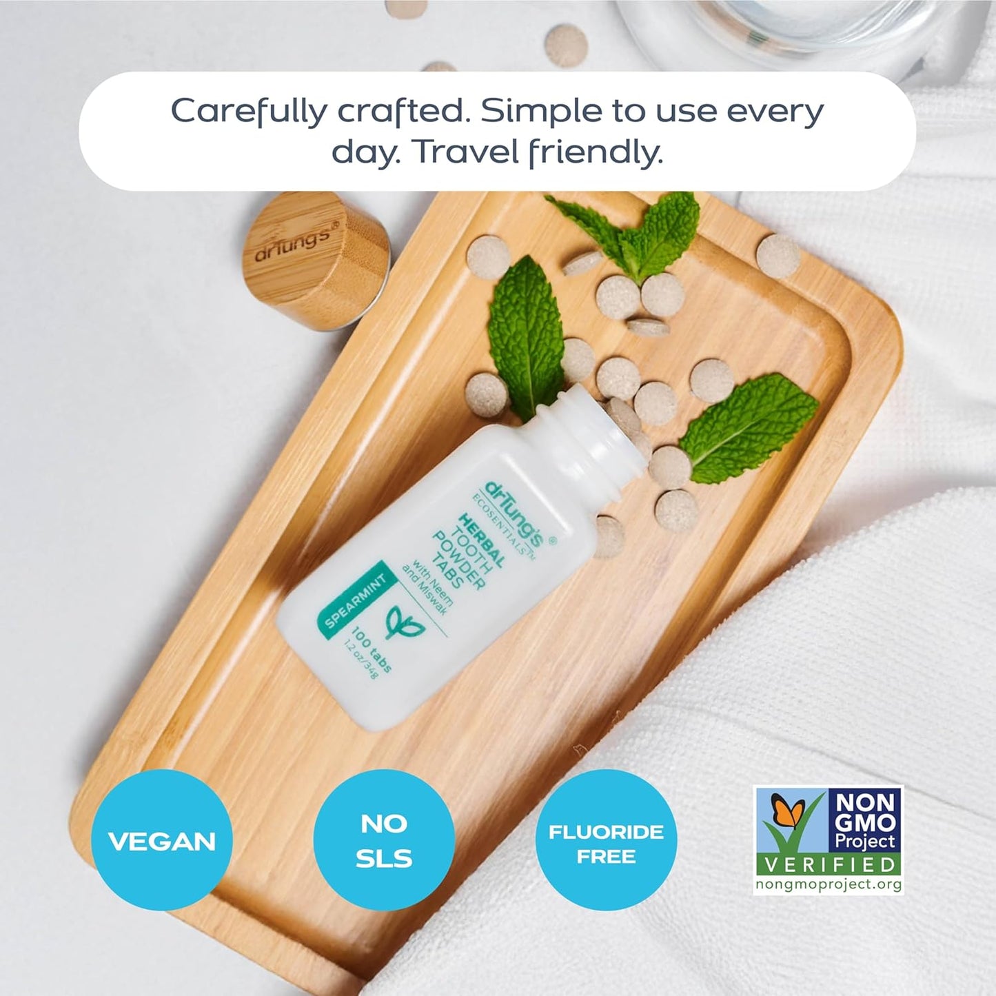 drTung's Herbal Toothpaste Tablets - Toothpaste Tabs for Dry Mouth Relief, Natural Tooth Powder Tablets for Fresh Breath, Fluoride Free, Travel Size, Vegan, Non-GMO - Spearmint (100 Tabs)