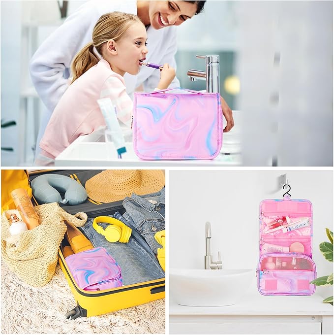 Pink Hanging Toiletry Bag for Girls, Travel Toiletry Bag for Teen Girls Cosmetic Makeup Waterproof Wash Bag Traveling Toiletries, Fluid