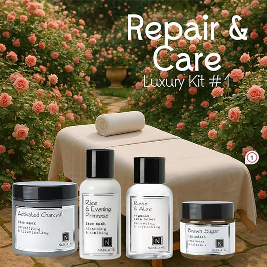 Nabila K Repair & Care Gift Set – Includes Rice & Evening Primrose Face Wash, Rose & Aloe Toner, Charcoal Mask & Brown Sugar Lip Polish – Luxury Skincare Kit for Women & Men – Ready-to-Gift Spa Box