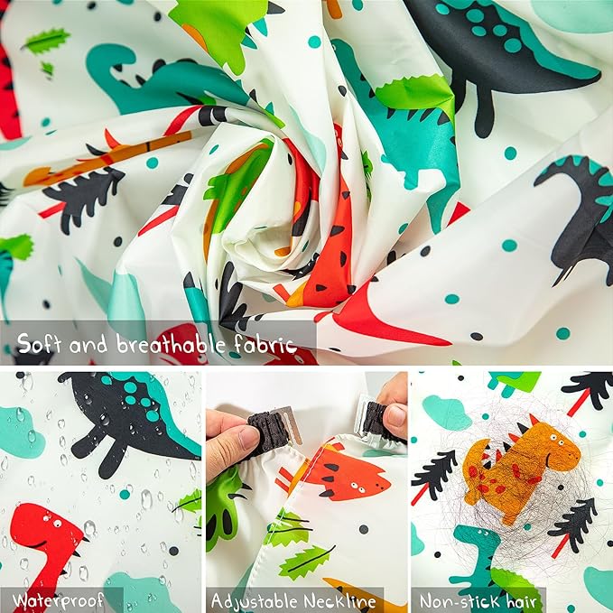 Gealaek Kids Haircut Cape and Neck Duster Brush Set with Dinosaur Pattern Kids Barber Cape 55x40 Inches for Boys & Girls Salon Cape Kit (White)