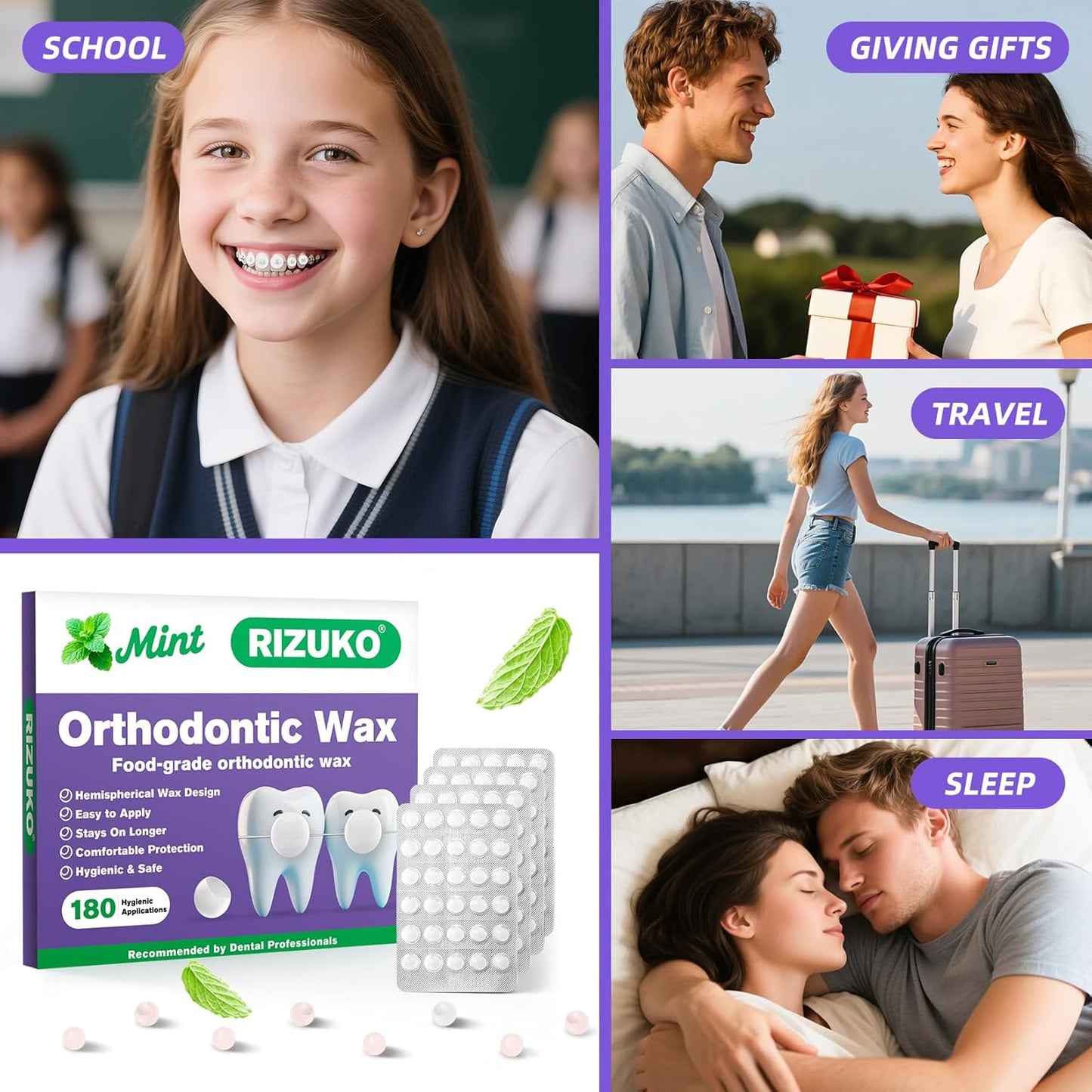 Orthodontic Wax for Braces - 180 Dental Wax Dots | Hygienic Individual Wraps, Mint Flavor