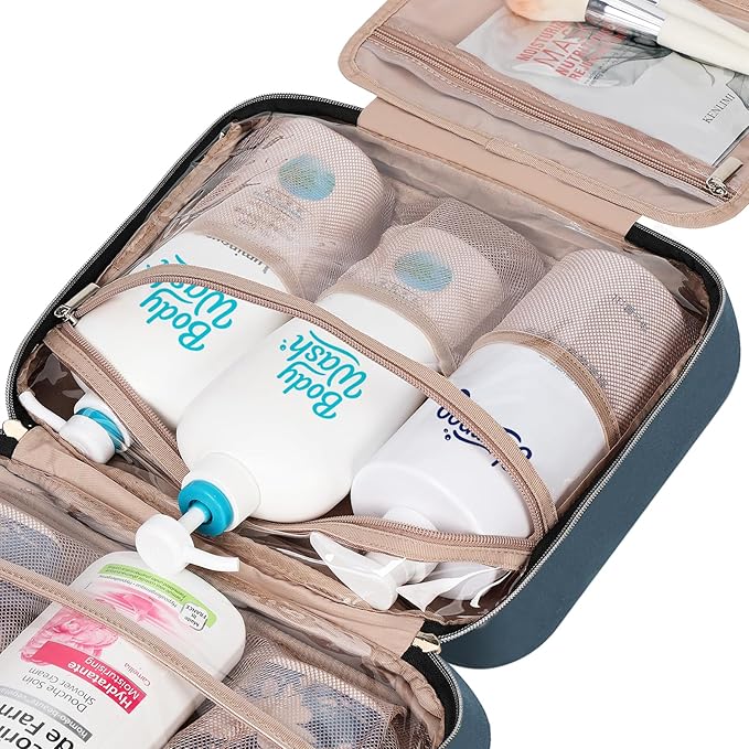 NISHEL Travel Toiletry Bag for women, Portable Hanging Organizer for Family-Sized Shampoo, Conditioner, Brushes Set, Makeup Accessories, Extra Large Size, Lake-Blue