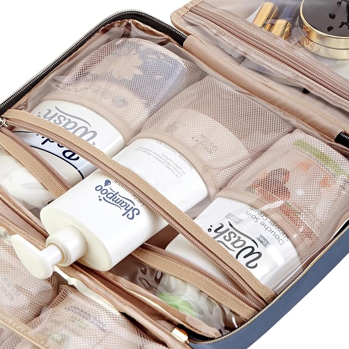 NISHEL Travel Toiletry Bag for women, Portable Hanging Organizer for Full-Sized Shampoo, Conditioner, Brushes Set, Makeup Accessories, Large Size, Aegean-Blue