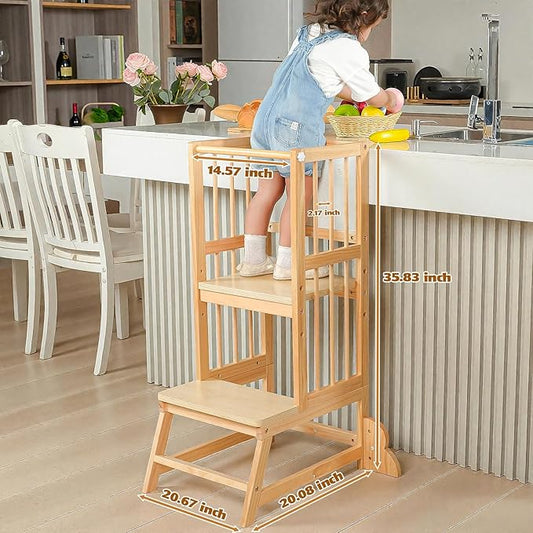 Toddler Tower, Kids Kitchen Step Stool with Safety Rails, Toddler Standing Tower Adjustable Height, Wooden Kitchen Stool for Kids, for Living Room Countertops and Bathroom Sinks(Natural)