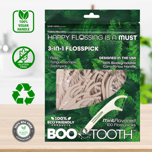 World’s First Eco-Friendly 3-in-1 Dental Floss Pick – Thin Flosser with Foldable Toothpick & Tongue Scraper – 100 Count, Biodegradable, Mint 100 Picks