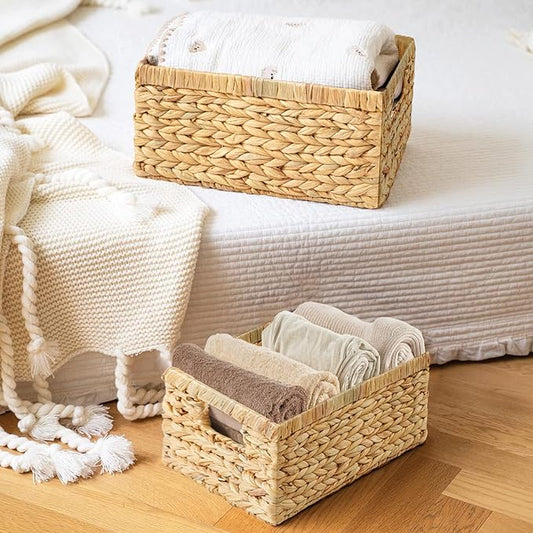 Greenatural Water Hyacinth Storage Baskets Set of 2, Handwoven Rectangular Organizer Trays with Handles in 2 Different Sizes, Nested Wicker Bins for Shelf, Bathroom, Kitchen, Office, Natural Decor