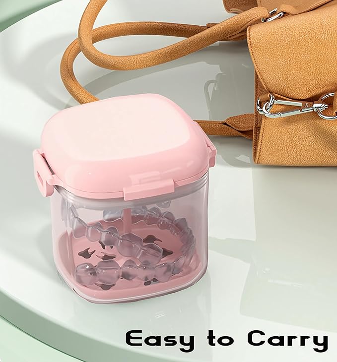 MURRI&MURRDI Retainer Case, Denture Bath Box with Strainer Basket, Mouth Guard Case, Braces Cleaner Cup, Cute Denture Holder Storage Soak Container for Travel Cleaning (A Pink)