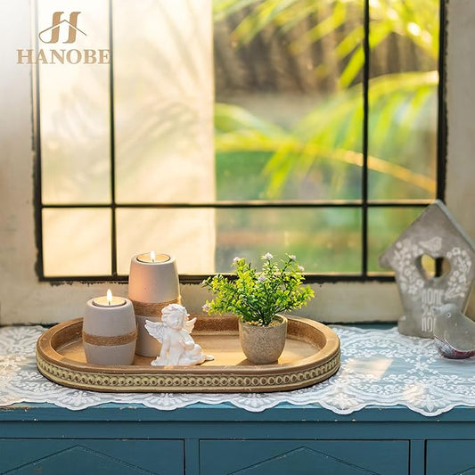 Hanobe Decorative Serving Tray Wood: Brown Bead Oval for Coffee Table Rustic Wooden Trays Decor Farmhouse Kitchen Counter Vintage Centerpiece Living Room Home Organizer, 15.15''x9.25''x1.18''