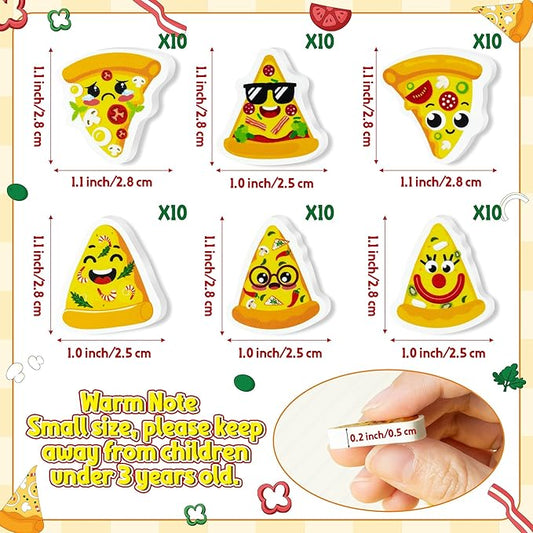 CJiangpo 60Pcs Pizza Mini Erasers for Kids, Cute Cartoon Pencil Rubber Eraser, Novelty 3D Desk Puzzle Pizza Day Themed Party Favors Filler Kids School Classroom Prizes Gifts