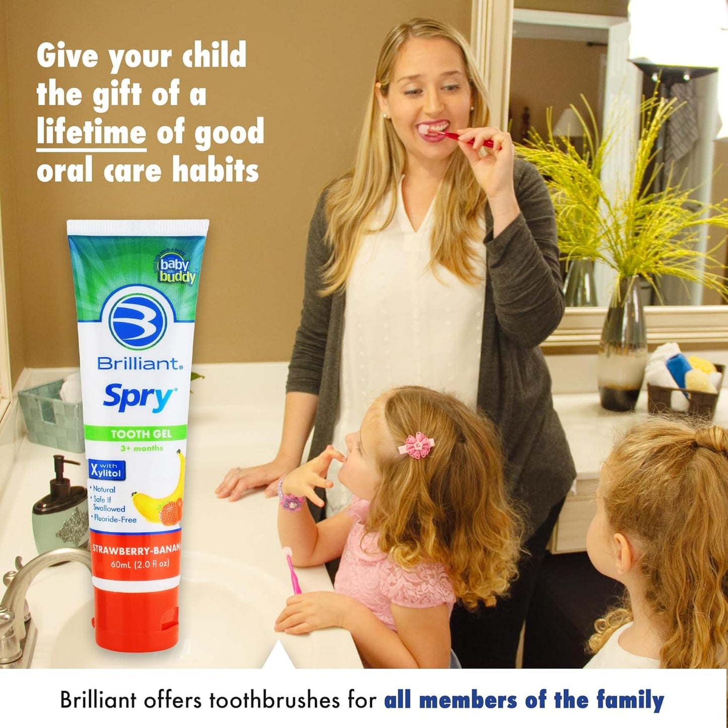 Brilliant Toothpaste Gel by Spry, with Xylitol, Fluoride Free, Mint Free, Safe If Swallowed, Natural, Original, 3 oz, 2pk