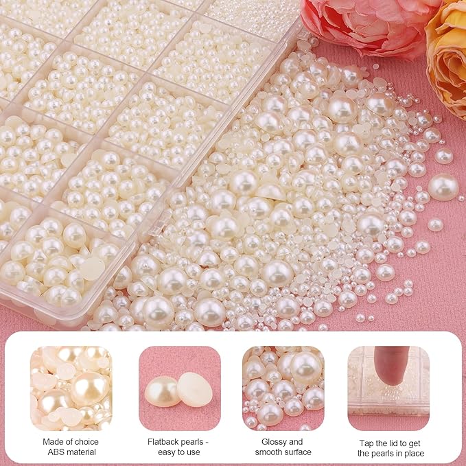 13500Pcs Flatback Pearls for Bedazzling (Beige) with B7000 Jewelry Glue, Assorted Size 2/3/4/5/6/8/10mm Half Pearl, Bedazzling Gems for Crafting Clothing Tumbler Shoes Embellishment Nail Art