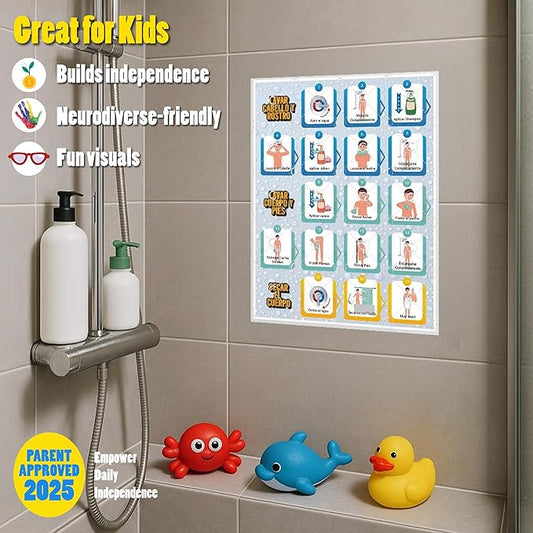Shower Chart for Kids – Step-by-Step Visual Guide, 9x12 Inch Laminated Self-Care Chart for Children with Special Needs and Autism, Promotes Independent Hygiene Routine (English)