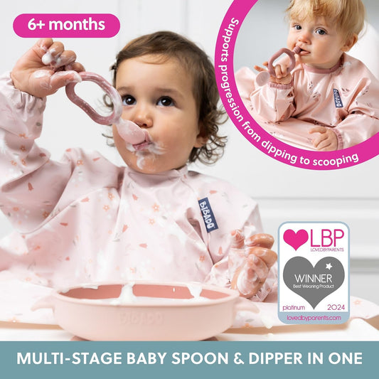 Bibado - Dippit Baby Spoon and Dipper, Blush (2-Pack) - Soft, Chewable Dipper & Deep Spoon - Two-Hand, Sensory Grip - Toddler Utensils - Baby Led Weaning Supplies - Baby Essentials - 6 Months+