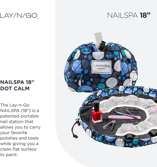 Lay-n-Go NailSpa Drawstring Cosmetic Bag - Portable Nail Supplies Organizer Bag w/ 8 Elastic Mesh Pockets & Circular Center - Durable, Machine Washable Nail Kit Organizer (18", Blue Polka Dot)