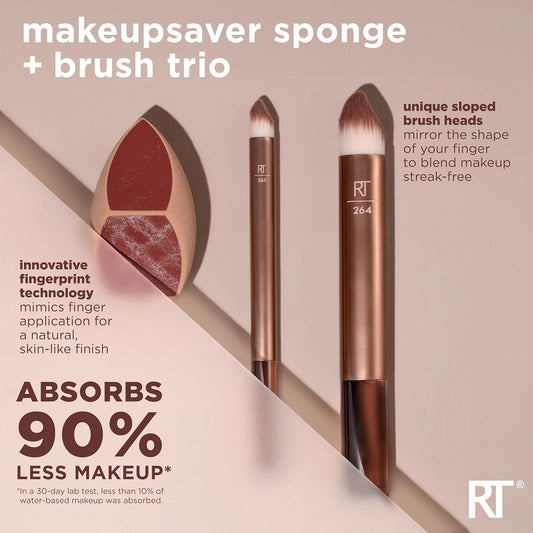 Real Techniques Makeupsaver Sponge + Brush Trio, Makeup Blending Sponge & Brushes For Liquid & Cream Foundation, Natural Finish & Reduces Makeup Waste, Cruelty & Latex-Free, 3 Piece Set
