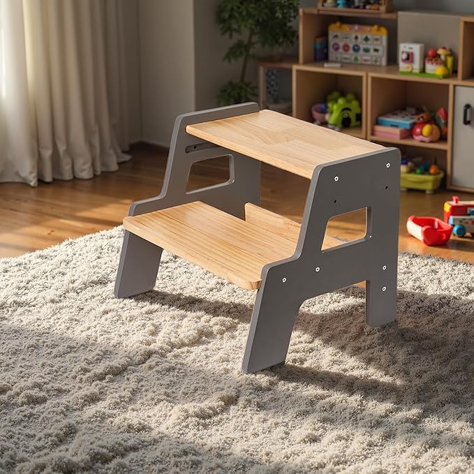 Toddler Step Stool for Kids - Height Adjustable Non-Slip Wooden Step Stool for Bathroom Sink, Kitchen & Potty Training 2-Step - Grey