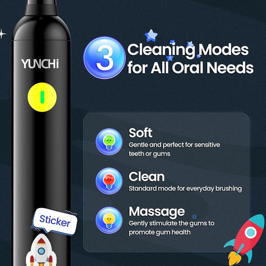 YUNCHI K5 Kids Rechargeable Electric Toothbrush with Waterproof Stickers, 3 Modes with 2 Minutes Timer, for Boys Age 4-6-8-12, Toddler Children Sonic Toothbrush with 4 Replacement Heads Soft, Black