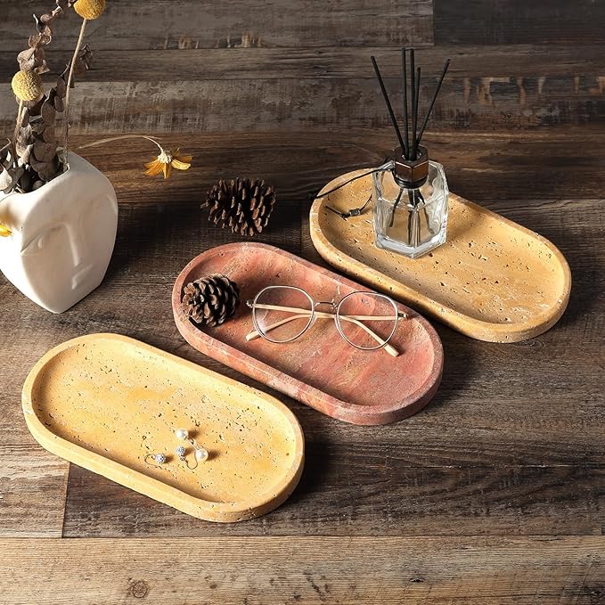 Koville Turkish Red Travertine Tray, 10" x 5" Vanity Decorative Marble Tray for Bathroom, Home Décor Trays for Countertop Organizer, Catchall Trays for Perfume, Candles, Jewelry