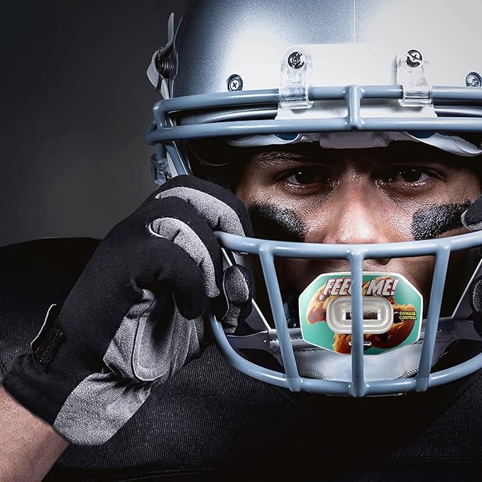 DAMAGE CONTROL Youth Football Mouth Guard – Breathable No Boil Mouthpiece, Protects Lips & Teeth, Works with Braces, Includes Helmet Strap – Sports Gear & Accessories (Feed Me!)