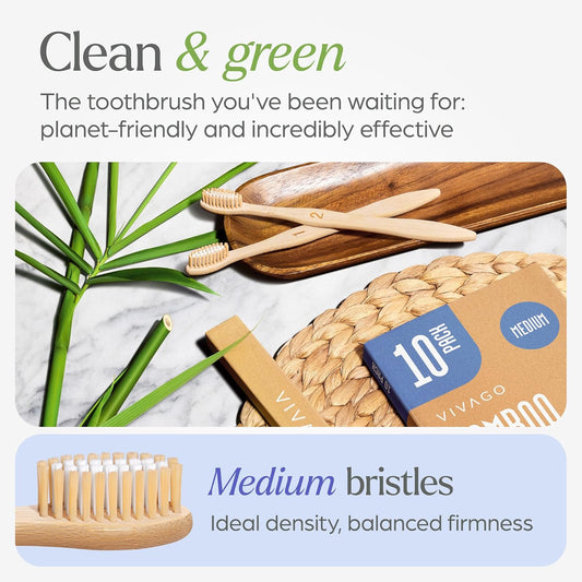 Bamboo Toothbrushes Medium Bristles 10 Pack - BPA Free Medium Bristles Toothbrushes for Adults - Eco-Friendly, Natural Wooden Toothbrush