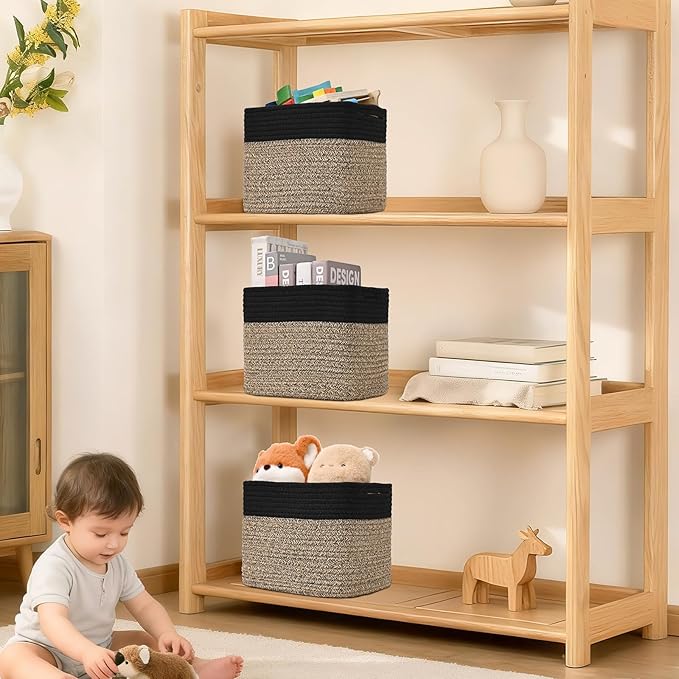 3 Pack Cube Storage Bin, 9”x9”x7” Cotton Rope Woven Baskets for Organizing Toys Clothes Towels, Square Gift Storage Baskets for Shelf, Nursery, Closet, Bathroom, Pantry (Black & Brown)