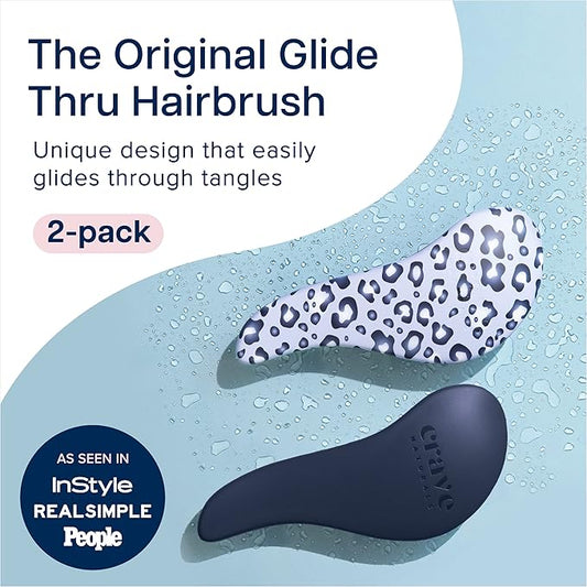 Crave Naturals Glide Thru Detangling Hair Brush for Adults and Kids - Detangler Hairbrush for Curly or Straight, Wet or Dry Hair - Gentle on Tangles Comb - Navy Blue and Blue Cheetah (Pack of 2)