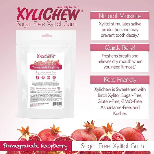 Xylichew 100% Xylitol Chewing Gum - Non GMO, Non Aspartame, Gluten Free, and Sugar Free Gum - Natural Oral Care, Relieves Bad Breath and Dry Mouth - Pomegranate Raspberry, 500 Count