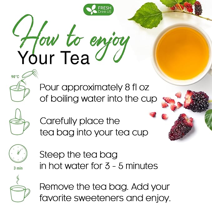 FreshDrinkUS, Premium 50 Mulberry Leaf Tea Bags, 100% Natural & Pure from Mulberry Leaves. Herbal Tea. Made with Natural Material Tea Bags. No Sugar, No Caffeine, No Gluten, Vegan.