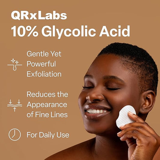 QRxLabs Glycolic Acid Pads - 10% Glycolic Acid Exfoliating Pads - Rinse-Free Face Peel - Antioxidant Chemical Exfoliant with Vitamins B5, C & E, Green Tea Extract - 50 Count, Mint & Eucalyptus