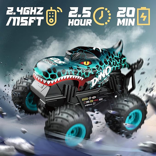 BEZGAR Monster Truck Toys - Remote Control Monster Truck with Light & Music, Dinosaur Toys for Kids, 1:20 Scale RC Truck with 360° Spins and Drifting, Remote Control Car for Boys 4-7 Blue