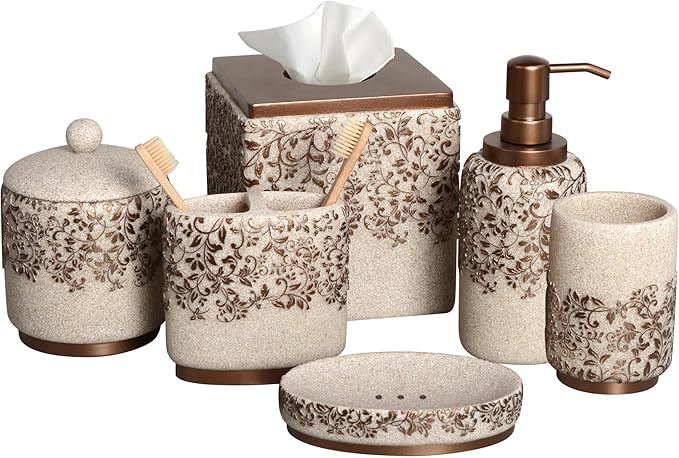 Decozen Bathroom Accessories Set - 6-Piece Modern Bathroom Decor, Countertop Essentials with Soap Dispenser - Birthday Gifts, Beige