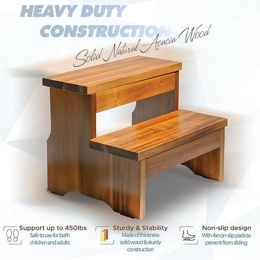 Wooden Two Step Stool, Heavy Duty 2-Step Ladder for Adults & Kids, Supports up to 450lbs for Kitchen, Bathroom or Bedside Use (Acacia Wood)