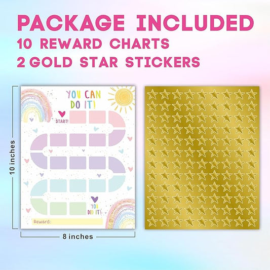 10 Reward Chart with 206 Golden Star Stickers-Boho Rainbow Theme -Incentive Chart,Positive Behavior Reward Chart for Kids,Toddler Homework Assignments, Attendance(8"X10")-A03