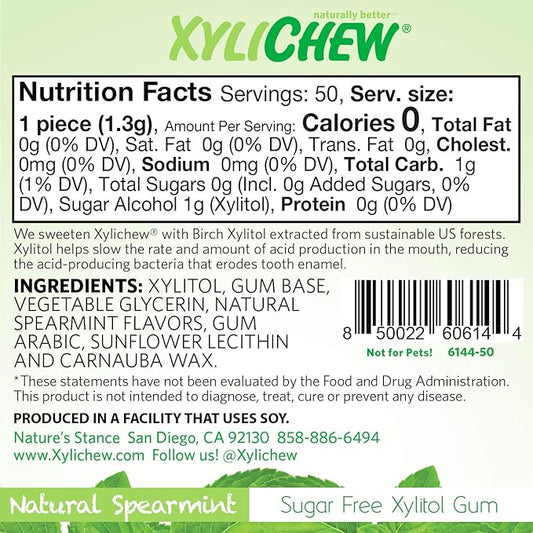 Xylichew 100% Xylitol Chewing Gum - Non GMO, Non Aspartame, Gluten Free, and Sugar Free Gum - Natural Oral Care, Relieves Bad Breath and Dry Mouth - Spearmint, 50 Count