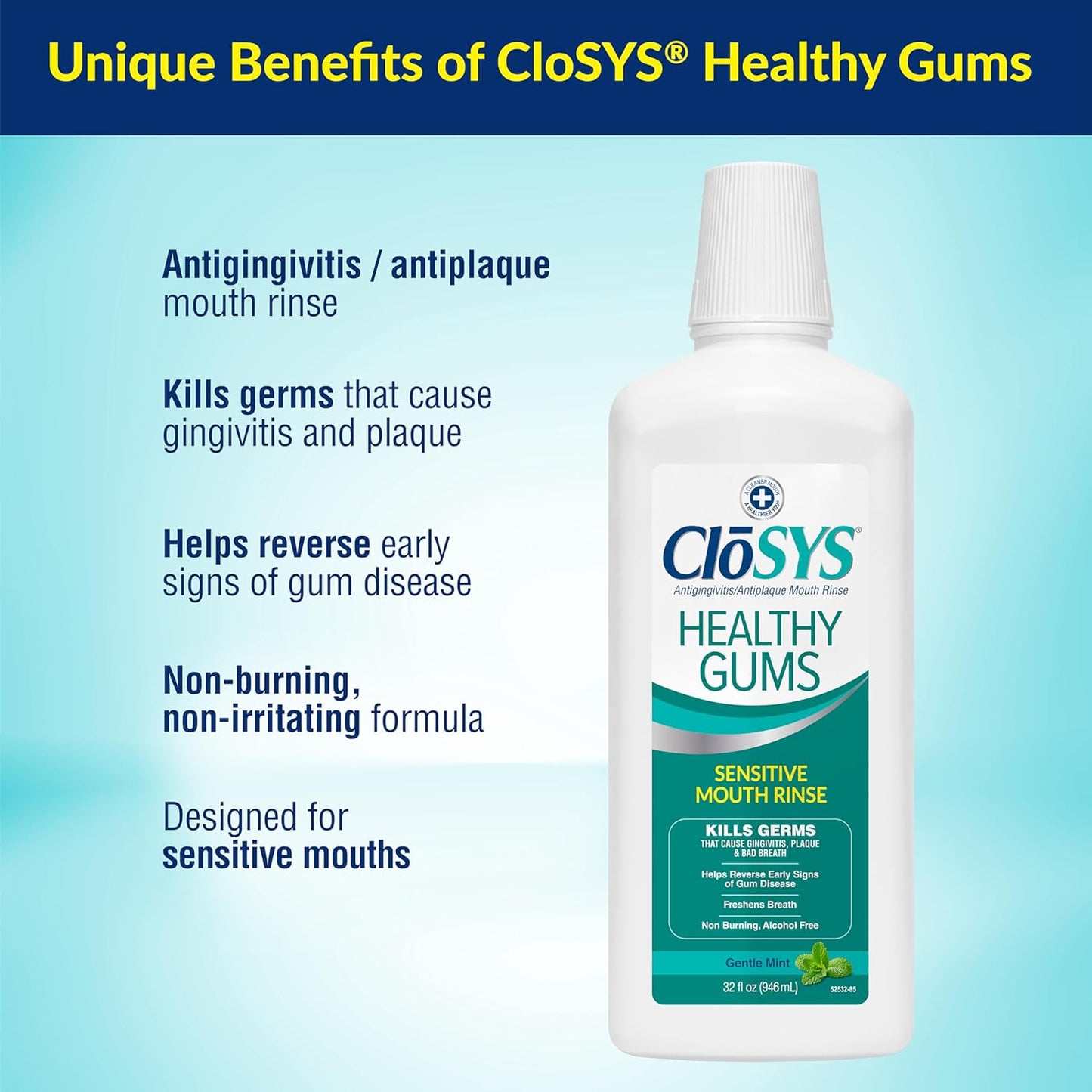 CloSYS Healthy Gums Mouthwash 32 Fl Oz, Pack of 2, Antiplaque, Anti-Gingivitis Mouthwash, Non-Burning, Non-Irritating