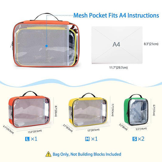 4-piece Toy Storage Organizer Bag, Travel Organizer Case for Building Blocks, Dolls, Crafts, Magnetic Building Tiles, Blocks Toy Storage Bag with Visible Top