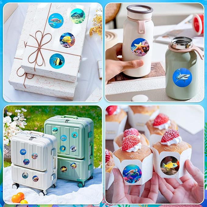 1200Pcs Roll Ocean Stickers Round Sea Animals Stickers for Kids Fish Sticker for Water Bottle Teacher Reward School Supplies Incentives (16 Styles)