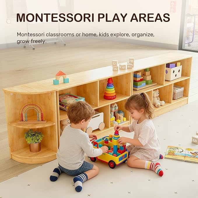 Wingyz Rubber Wood Montessori Bookshelf, 5-Section Wooden Storage Cabinet, 2 Shelf Bookcase Toy Storage Organizer, 43.3"L Montessori Shelf for Kids Rooms Classroom Playroom Nursery Daycare, Child-Safe