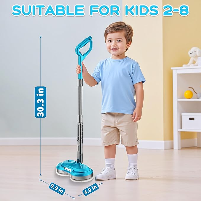 Kids Toy Electric Spin Mop, Rechargeable Cordless Electric Mop W/ Water Sprayer & LED Headlight for Children Ages 3 4 5 6+ Boys & Girls, Cleaning Toy for Pretend Play (Blue)