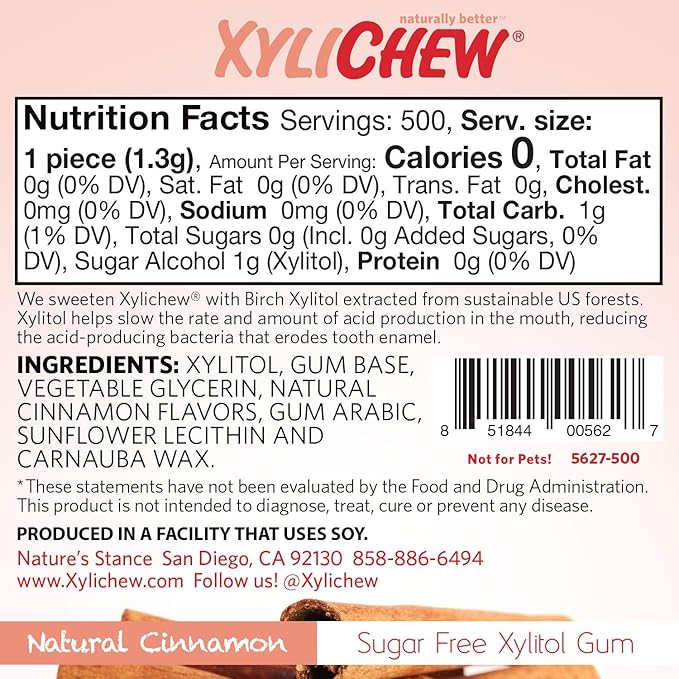 Xylichew 100% Xylitol Chewing Gum - Non GMO, Non Aspartame, Gluten Free, and Sugar Free Gum - Natural Oral Care, Relieves Bad Breath and Dry Mouth - Cinnamon, 500 Count