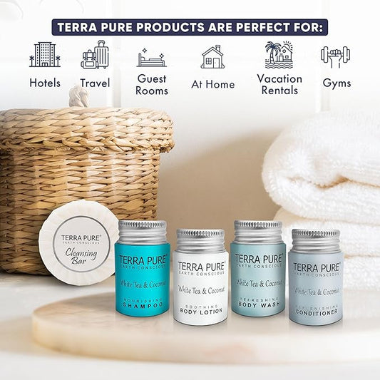 Terra Pure White Tea & Coconut Toiletries Set | 1-Shoppe Amenities Kit | 1oz Shampoo & Conditioner, Body Wash, Lotion, 1.25oz Bar Soap | Travel Size | 300 Pieces