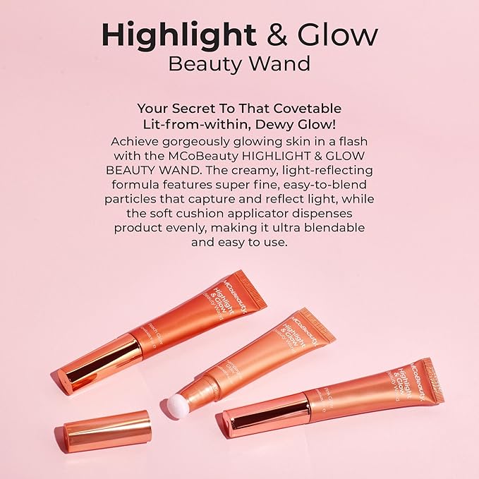 MCoBeauty - Highlight and Glow Beauty Wand - Buildable Liquid Highlighter - Peach Coral Shade - Liquid Cream with Cushion Applicator for Soft, Radiant Finish - Highlighters Makeup